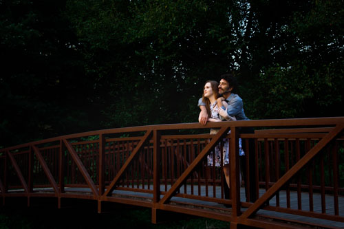 Bridge engagement portrait at sunset - Shawnee Mission Park photographer